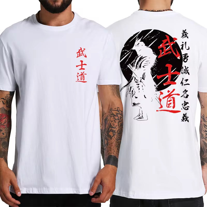 Japan Samurai Spirit T Shirts for Men Japanese Style Back Print Loose Oversized 100% Cotton Tops T-Shirt Bushido Male Gifts Tee