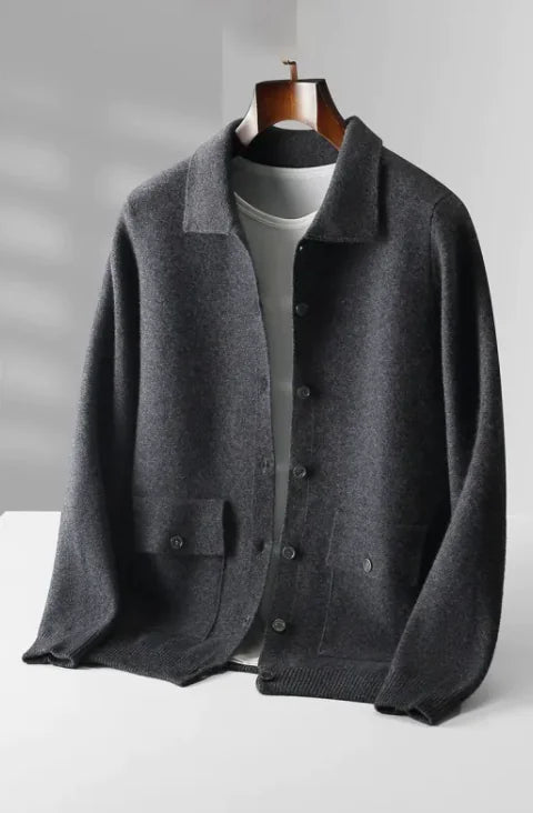 Men's Polo Collar Solid Color Wool Cardigan Autumn Winter Retro Pocket Thick Coat