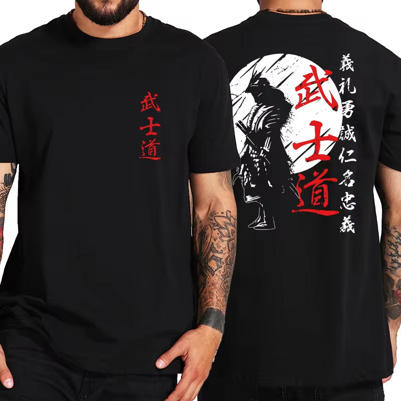 Japan Samurai Spirit T Shirts for Men Japanese Style Back Print Loose Oversized 100% Cotton Tops T-Shirt Bushido Male Gifts Tee