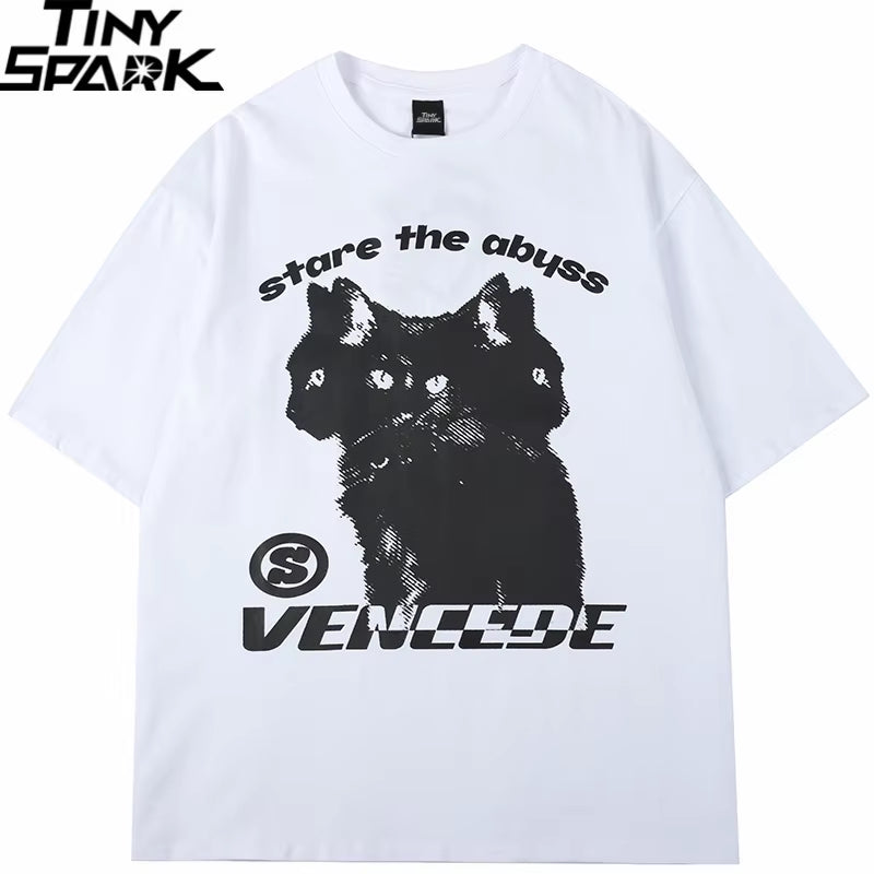 2024 New Streetwear Tshirt Hydra Cat Graphic T Shirt Men Cotton T-Shirt Hip Hop Loose Tops Tees Summer Short Sleeve Black White