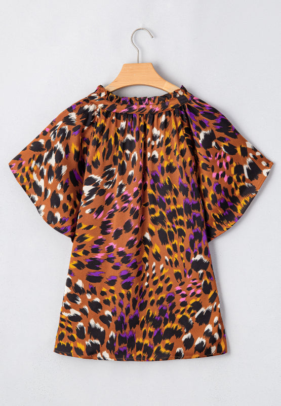 Leopard Notched Short Sleeve Blouse