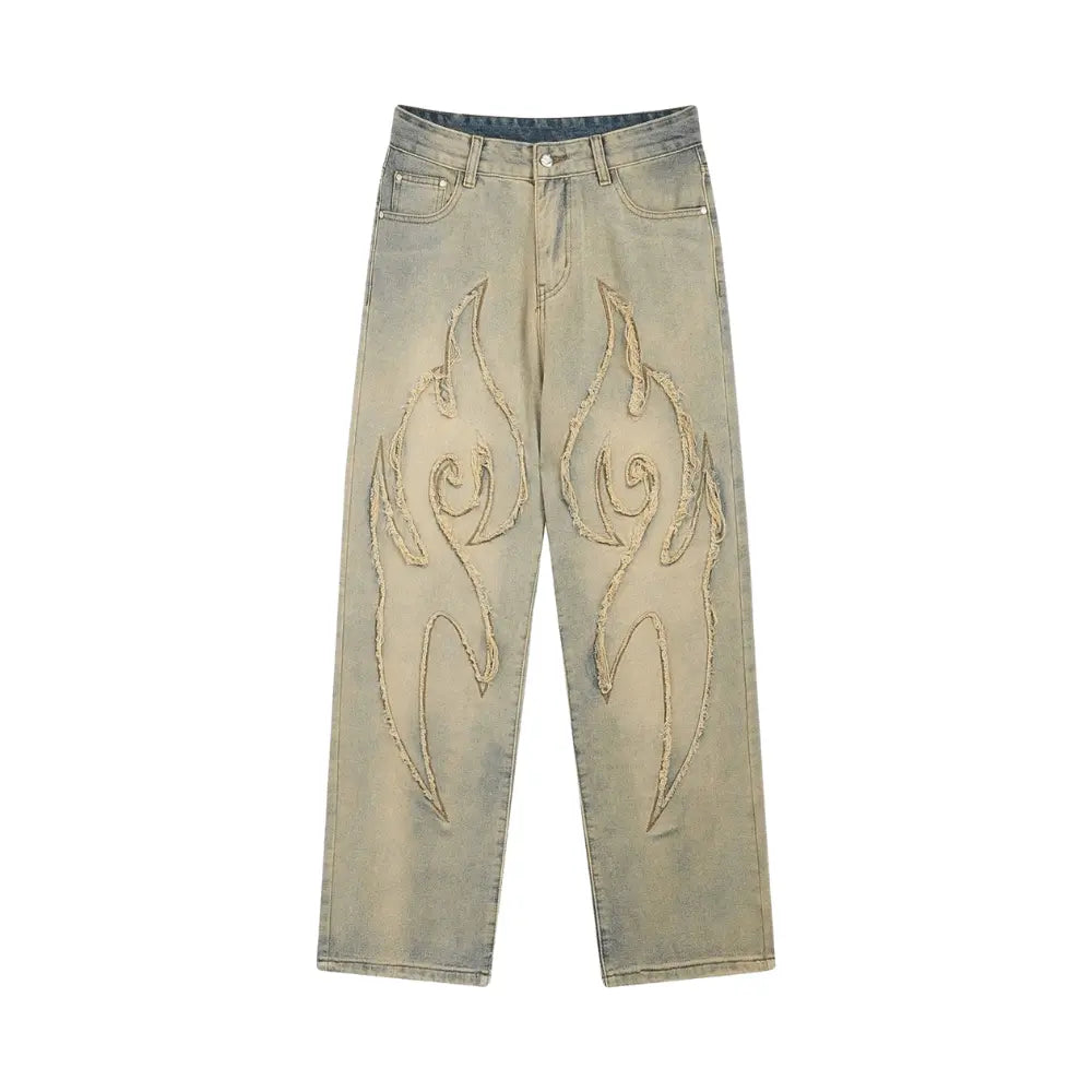 Fire Patterned Straight-leg Jeans