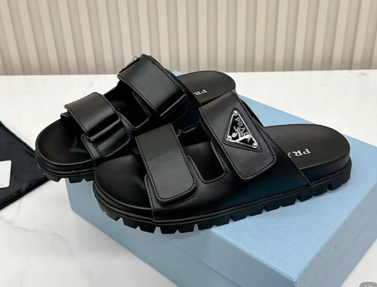 Prada Leather Logo-Plaque Sandals