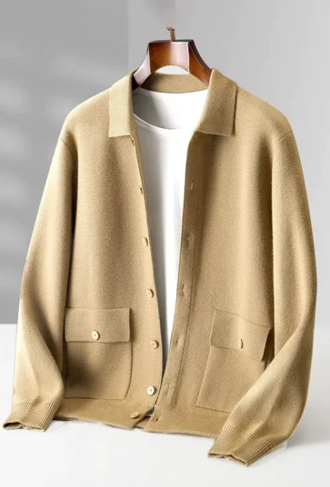 Men's Polo Collar Solid Color Wool Cardigan Autumn Winter Retro Pocket Thick Coat